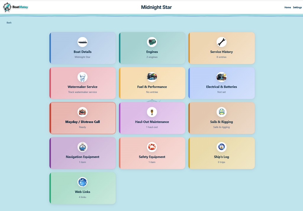BoatMatey app dashboard showing boat details, engines, service history, and more